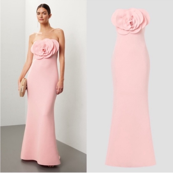 Badgley Mischka Rosette Scuba Strapless Gown Ballerina Pink
